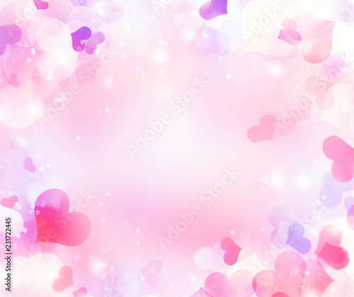 Abstract festive blur bright pink pastel background with colorful hearts love bokeh for wedding card or Valentine   s day.  Romantic textured backdrop with space for your design. Card concept.