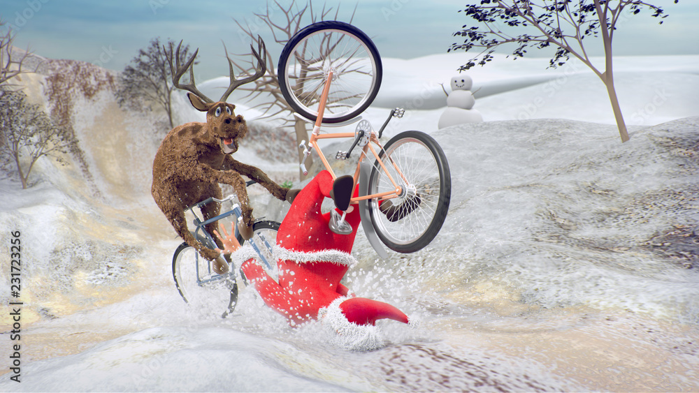 Funny Lame and Bad Santa Claus on bicycle with friend reindeer on a racing.  Merry Christmas