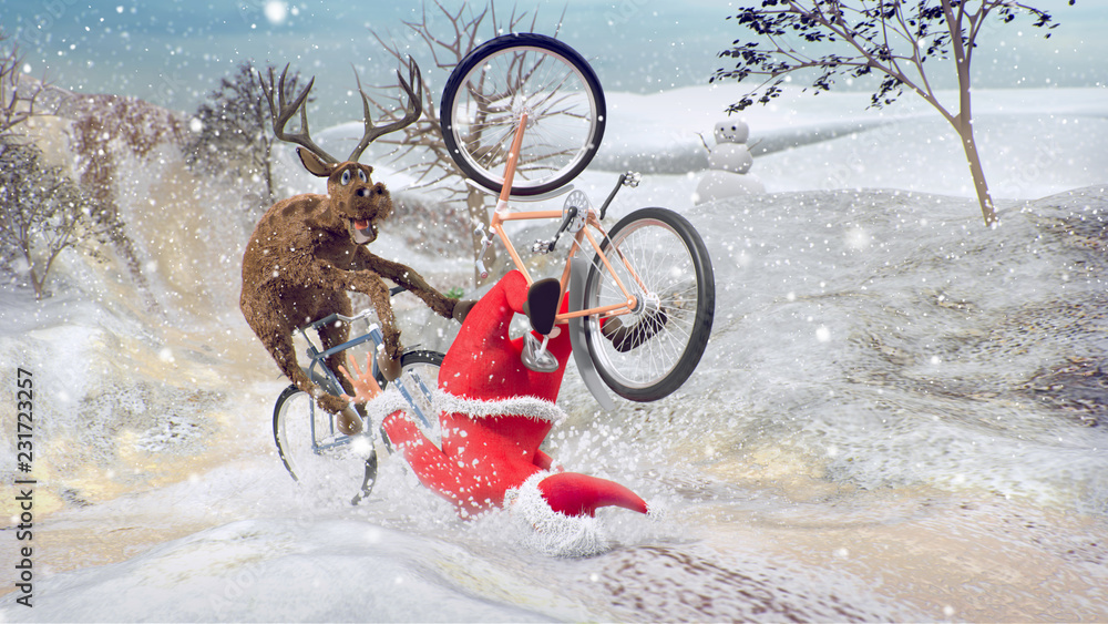 Funny Lame and Bad Santa Claus on bicycle with friend reindeer on a