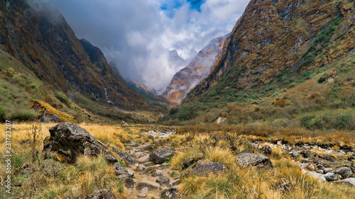 Beautiful view of nature on a trekking trail to the Annapurna base camp, the Himalayas, Nepal. Himalayas mountain landscape in the Annapurna region. Annapurna base camp trek. photo