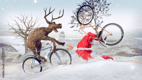 Funny Lame and Bad Santa Claus on bicycle with friend reindeer on a racing. Merry Christmas and Happy New Year. Saint Nicholas day. Mannequin Challenge. 3D rendering. Copy space Champion Cup concept.
