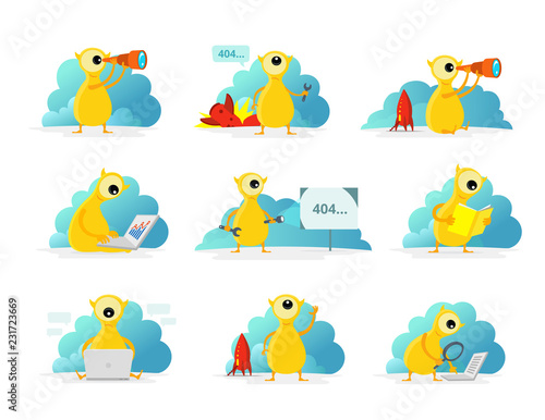 Alien, one-eyed mascot. Monster 404 sticker set.