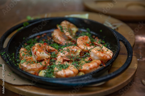 the fried shrimps on pan. sea food