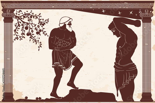 Hercules carries the Golden Hesperides apples. Figure on a beige background with the aging effect.