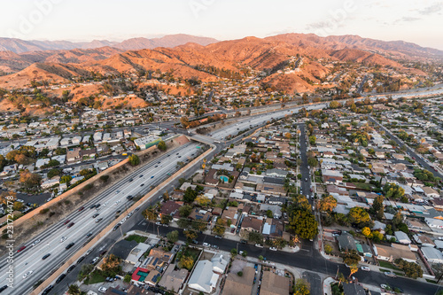 Aerial view Interstate 5 freeway and Verdugo Mountain in the San Fernando Valley near Burbank and Los Angeles, California.   photo