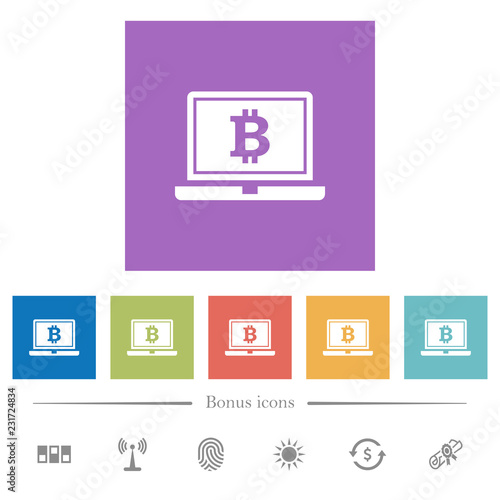 Laptop with Bitcoin sign flat white icons in square backgrounds photo