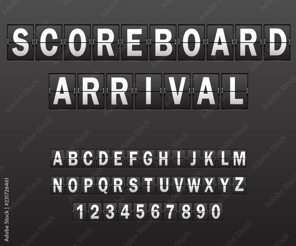 Alphabet on scoreboard. Set of white letters of mechanical timetable Alphabet on scoreboard. Set of white letters of mechanical timetable