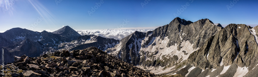 Colorado Rocky Mountain Panorama. Views of Blanca Peak, Ellingwood Point, Little Bear Peak, and Mt. Lindsey. Rugged mountains in the Sangre de Cristo range of