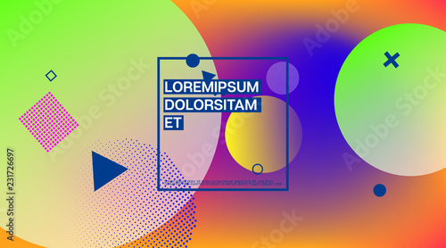 Memphis Minimal Cover Horizontal Vector Template. Neon Gradient Overlay, Small Space Particles Background. Geometric Memphis Design Elements, Horizontal Music Poster. Vintage Elemets Business Design.