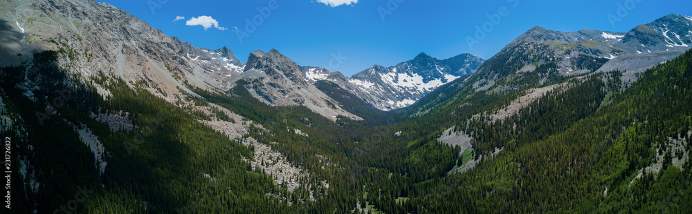 Aerial/Drone panorama photograph of the Colorado Rocky Mountains.  These rugged peaks are in the Sangre de Cristo range of Southern Colorado