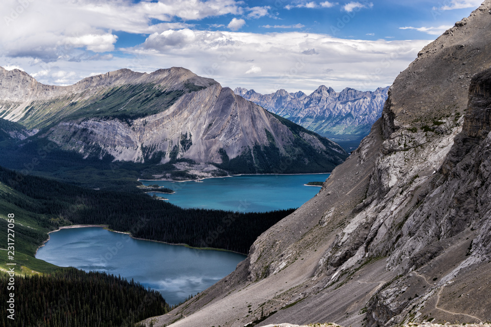 View of the Kananaskis Lakes & the vast Canadian Rockies located in the Peter Lougheed Provincial Park, Alberta.  