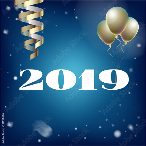 Fototapeta Naklejka Na Ścianę i Meble -  7328664 2019 New Year, Christmas Vector Card with Snow on Blue. Heavy Snowfall, Snowflakes Square Gift Voucher or Celebration Background. Holiday Decoration Template. Cool 2019 New Year Card on Blue.