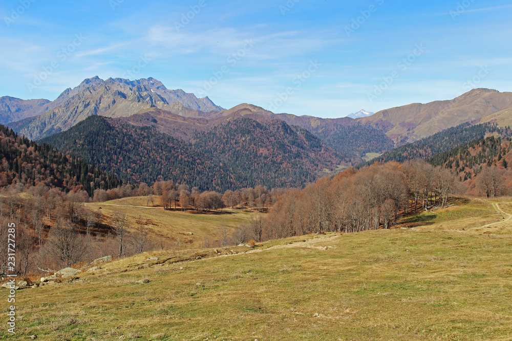 Panorama with yellow autumn hills and mountains. Abkhazia.