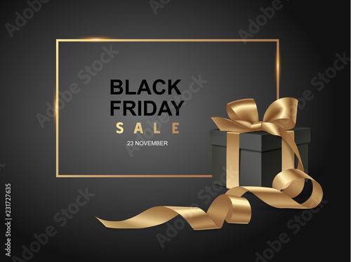 Black friday sale design template. Decorative black gift box with golden bow and long ribbon. Vector illustration
