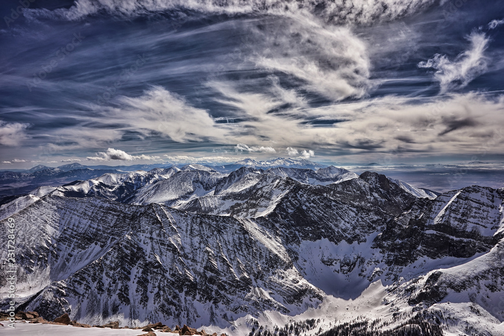 Winter view of the Colorado Rocky Mountains. Taken from the snow covered summit of Humboldt Peak.
