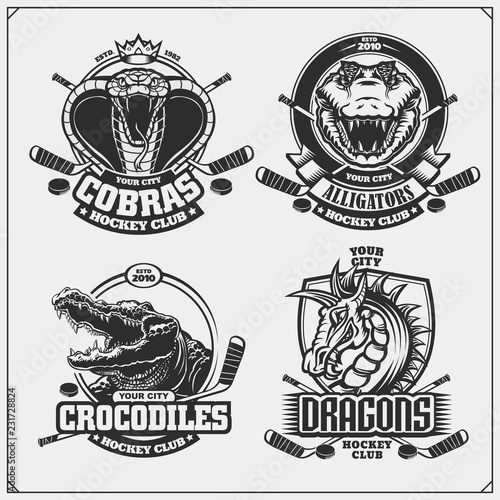 Hockey badges, labels and design elements. Sport club emblems with cobra, dragon and crocodile.