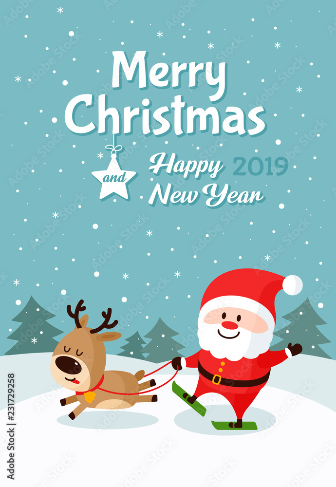 Santa Claus and deer skiing Santa Claus and deer skiing