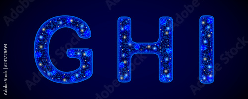 Snowy Font. Shiny letters on blue background. For festive inscriptions. GHI