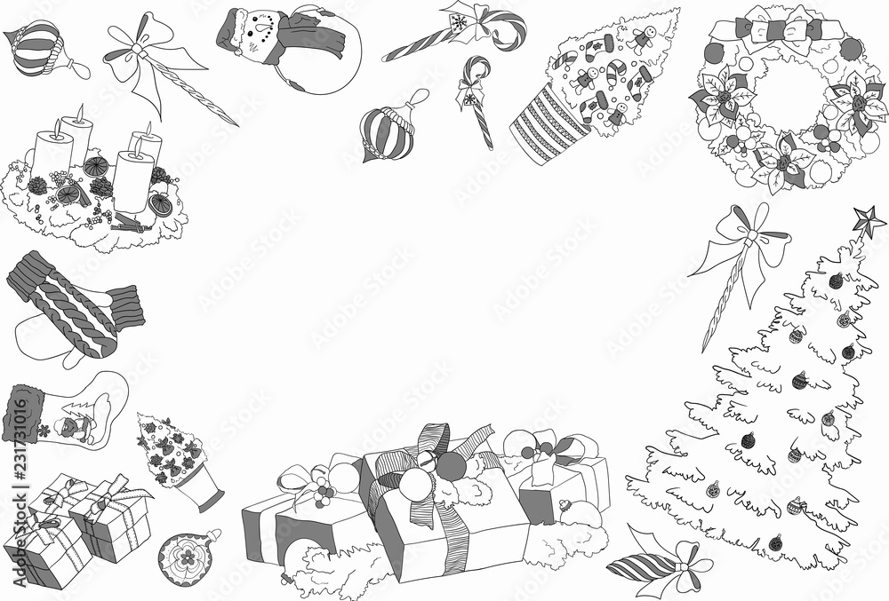 Obraz premium A set of Christmas and New Year design elements in doodle style