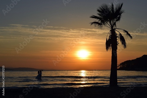  İn love. Sunset on sea. Seascape. Seashore. Dawn in the resort town of Akyaka. The port of Akyaka. Autumn.