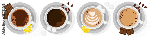 Four types of coffee in cups with slices of lemon and chocolate. The view from the top.
