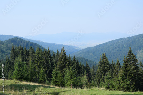 Carpathians mountains in Romania. 12C road near Bicaz Canyon. Mountain meadow with lots of garbage. Transylvania, Romania. photo