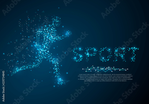 Running man illustration. low poly wireframe Vector polygonal image in the form of a starry sky or space, consisting of points, lines, and shapes in the form of stars with destruct shapes