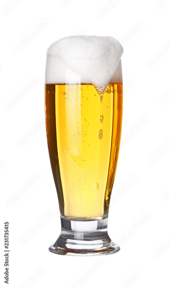Close up one frothy beer glass isolated on white Close up one frothy beer glass isolated on white