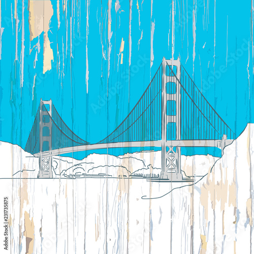 Golden gate bridge drawing on wood