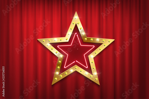 Theatre red curtains with shiny golden star sign with light bulbs and neon. Vector illustration.