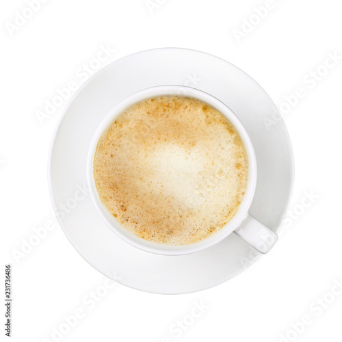 White cup of cappuccino coffee on saucer isolated