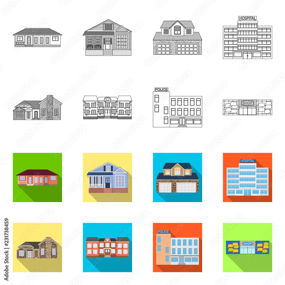 Vector illustration of building and front sign. Set of building and roof stock vector illustration.