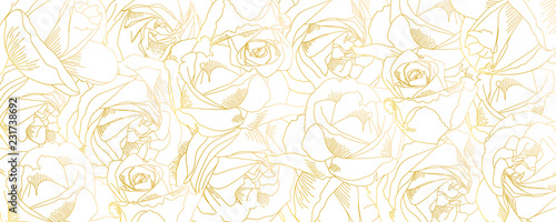 Roses bud outlines. Vector pattern with contours of flowers in golden colors....