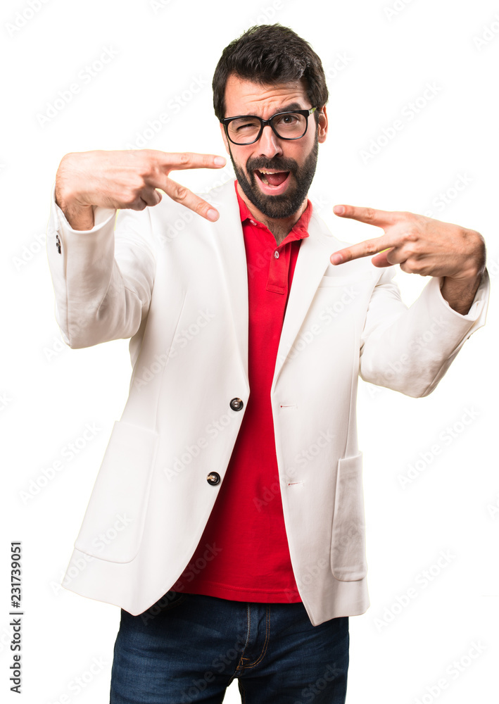 Brunette man with glasses making victory gesture on white background Brunette man with glasses making victory gesture on white background