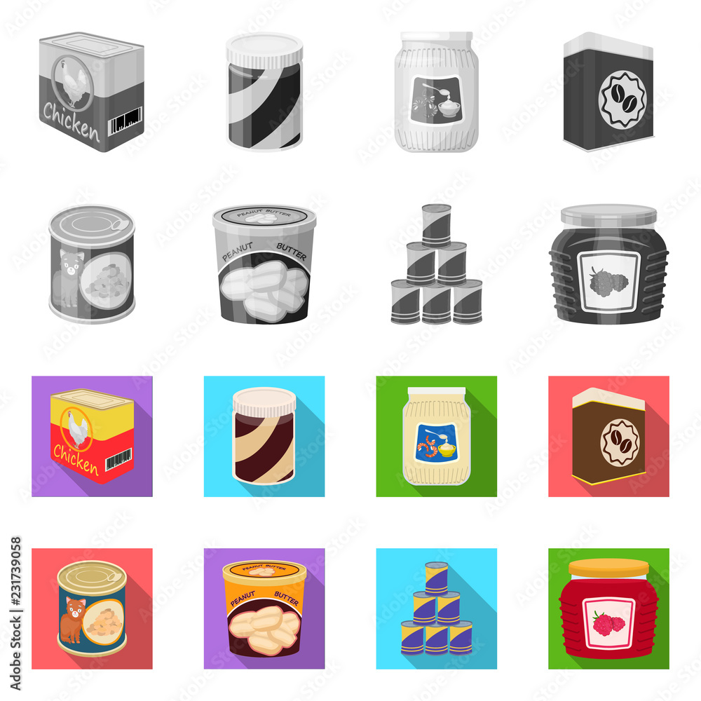 Isolated object of can and food symbol. Set of can and package stock vector illustration. Isolated object of can and food symbol. Set of can and package stock vector illustration.