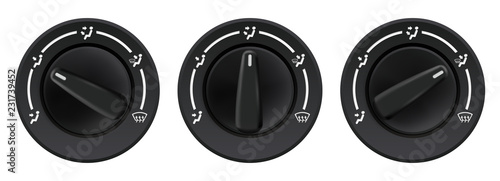 Car dashboard knob switch set. Auto air conditioner. Air flow direction selectors