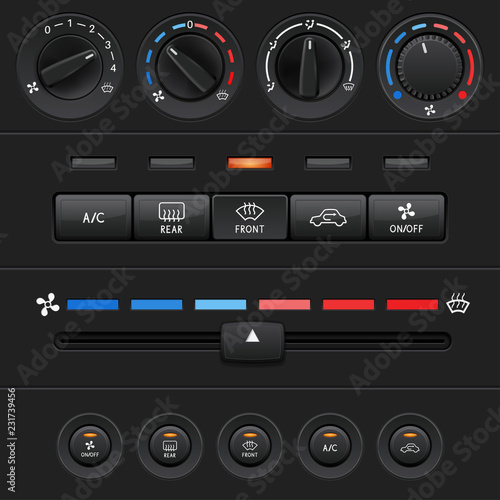 Car dashboard elements with black push buttons and level slider