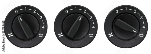 Car dashboard knob switches. Auto air conditioners. Air flow level selectors