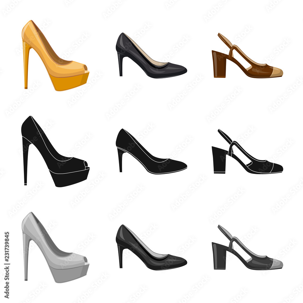 Vector illustration of footwear and woman symbol. Set of footwear and foot stock vector illustration. Vector illustration of footwear and woman symbol. Set of footwear and foot stock vector illustration.