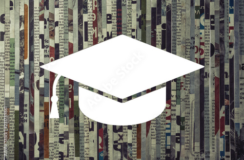 Icon of graduation hat cut from newspaper. Concept of education, teaching.