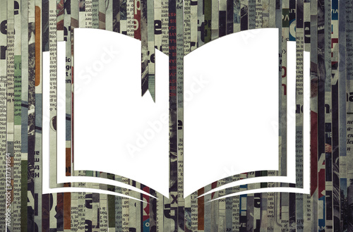 Icon of open book cut from newspaper. Concept of education, learning.
