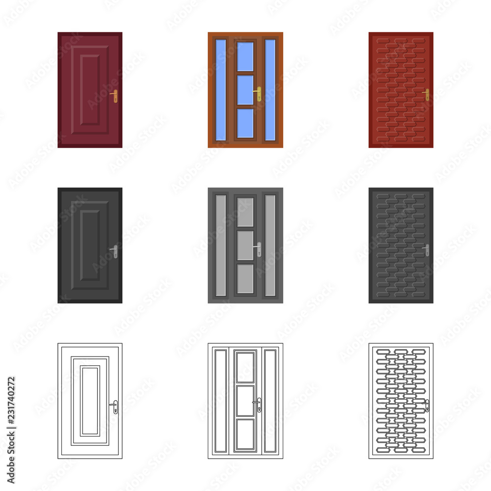 Vector illustration of door and front sign. Collection of door and wooden vector icon for stock. Vector illustration of door and front sign. Collection of door and wooden vector icon for stock.