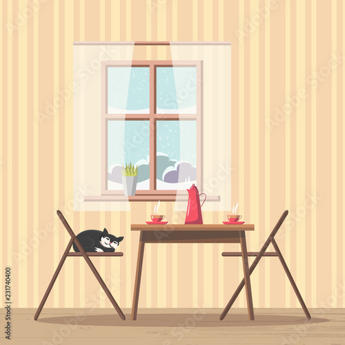 Dining room interior background with table and chairs near window with snowy view, dishes - kettle, mug on tha table. White curtains on the window, cat sleep on the chair. Modern flat style vector