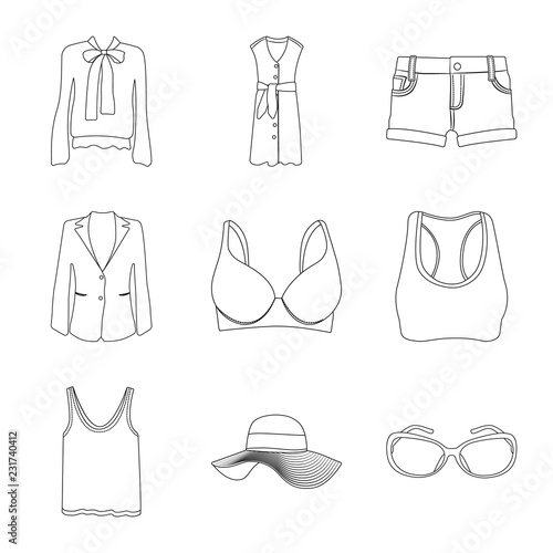 Vector illustration of woman and clothing sign. Set of woman and wear stock vector illustration.