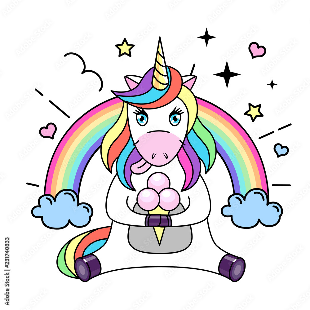 Naklejka premium Vector illustration of fantasy animal horse unicorn with ice cream. Flat style design