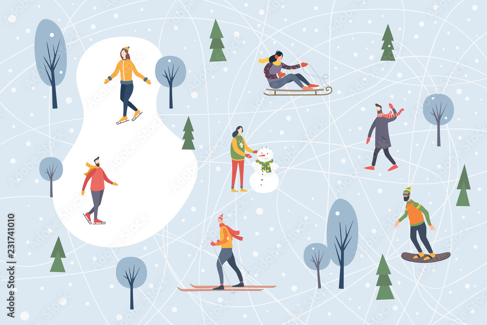 Landscape with snow-covered trees and walking people. Winter outdoor activities and sports. Skating, skiing, snowboarding, sledding. Happy winter holidays. Festive seasonal vector illustration. Landscape with snow-covered trees and walking people. Winter outdoor activities and sports. Skating, skiing, snowboarding, sledding. Happy winter holidays. Festive seasonal vector illustration.