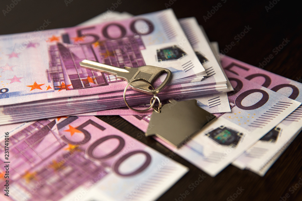 Toy house, key and euro banknotes on green background