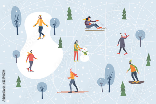 Landscape with snow-covered trees and walking people. Winter outdoor activities and sports. Skating, skiing, snowboarding, sledding. Happy winter holidays. Festive seasonal vector illustration.
