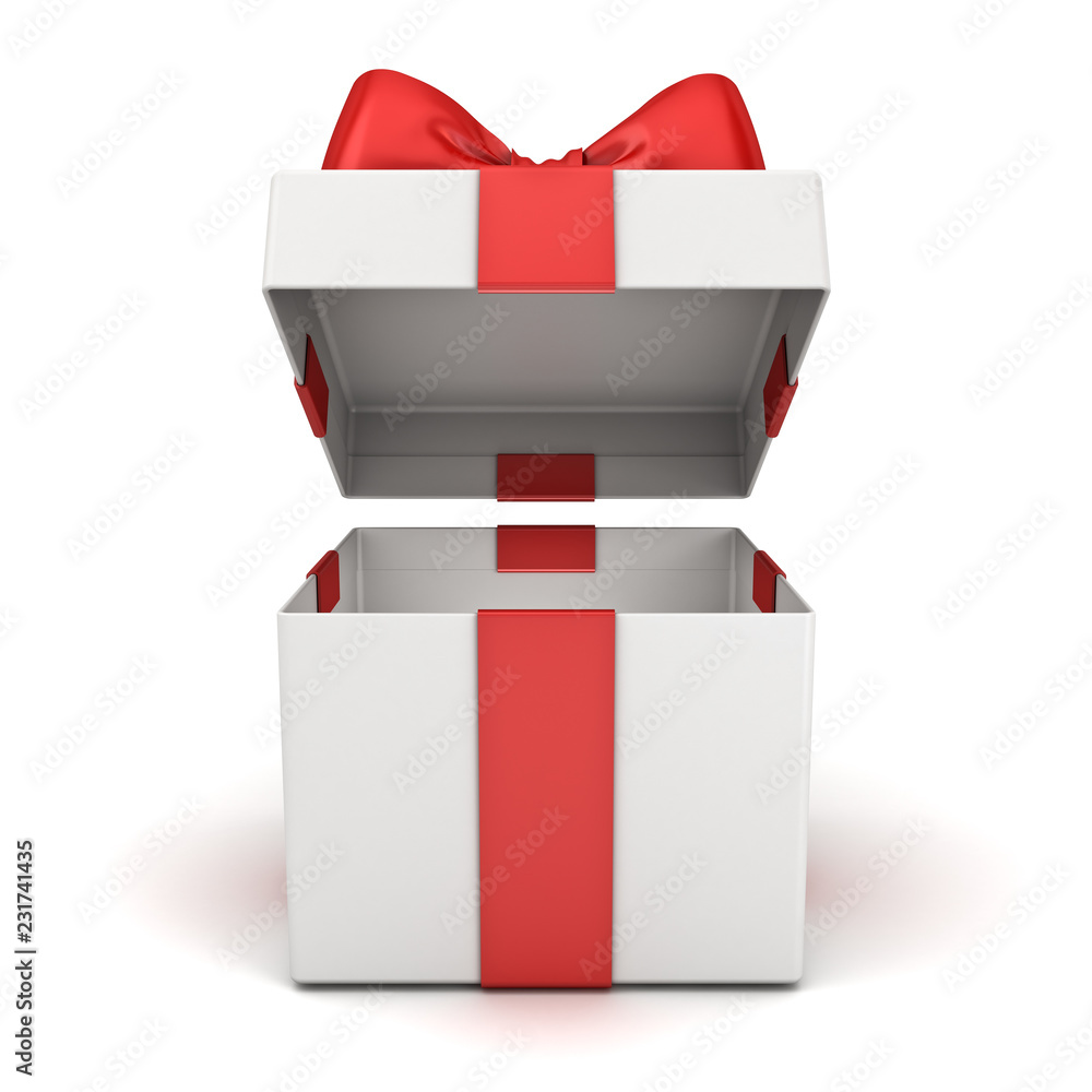Open gift box or blank present box with red ribbon bow isolated on