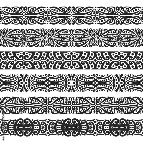 Vector set of black seamless borders, 6 decorative repeat ribbons of oriental style, design elements for create frames, ornate tape decorations with arabic ornament on white background.